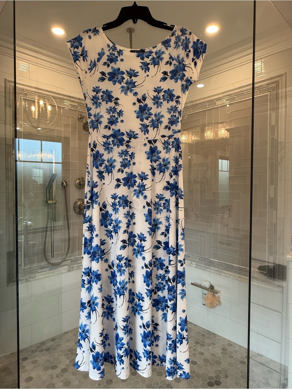 White Maxi Dress with Blue Floral Print - Women's Summer Maxi